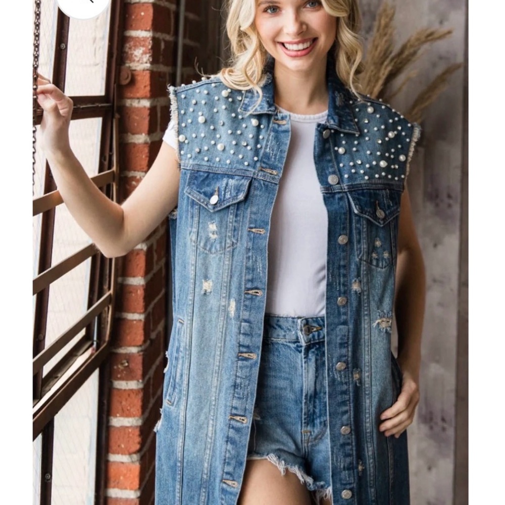 Diamonds and pearls embellished accent Distressed Sleeveless
Denim Jacket Small